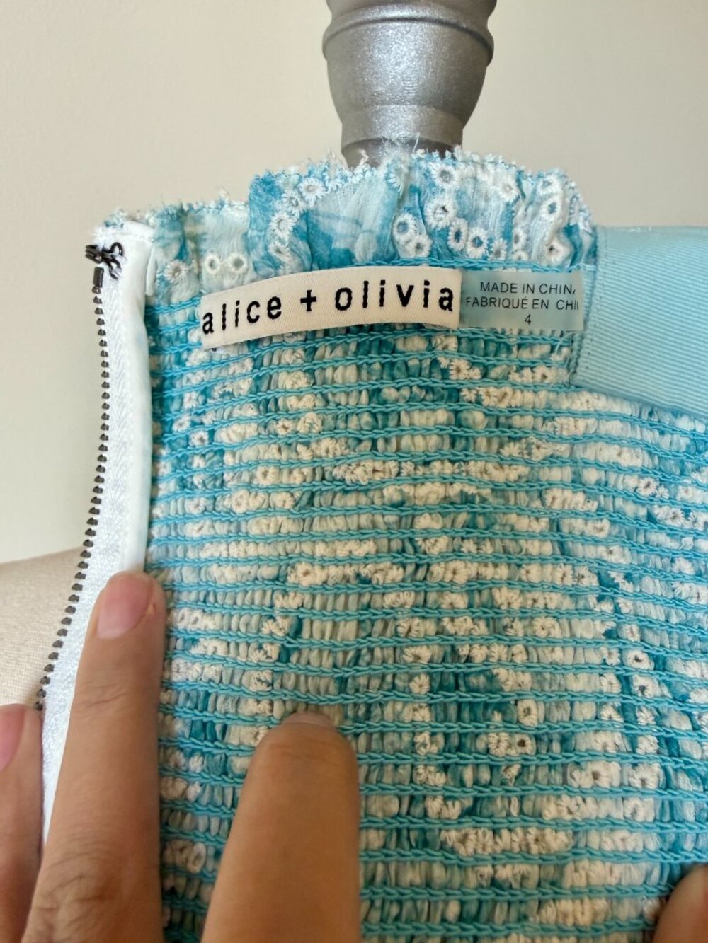 Alice + Olivia Blue Floral Ruffle Dress | Eyelet Detail Mini | 4 | Cottagecore - Picture 6 of 6